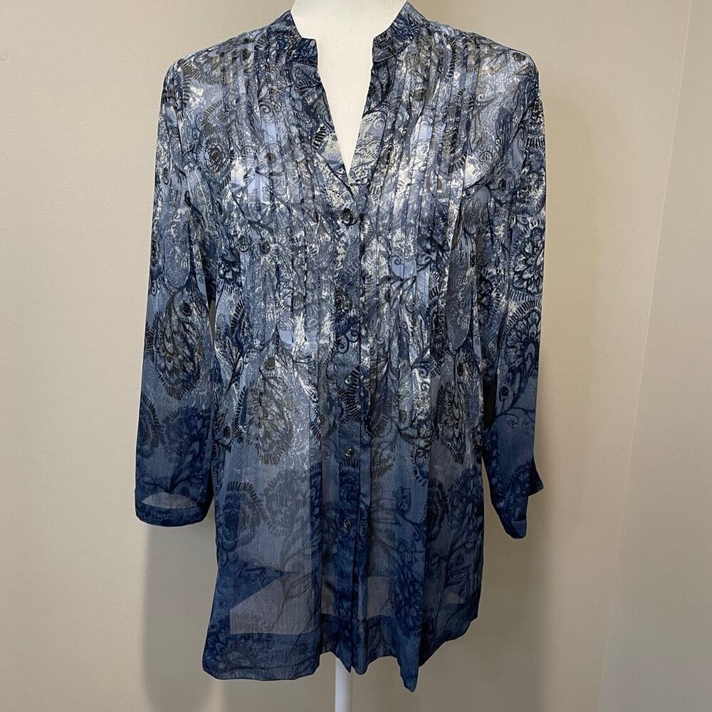 Charter Club Sheer Tunic Top Sz 10 Button Up Pintucks Floral Blue Coastal Chic